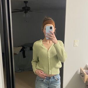 Light Green V-Neck Button Front Women's Sweater Cardigan